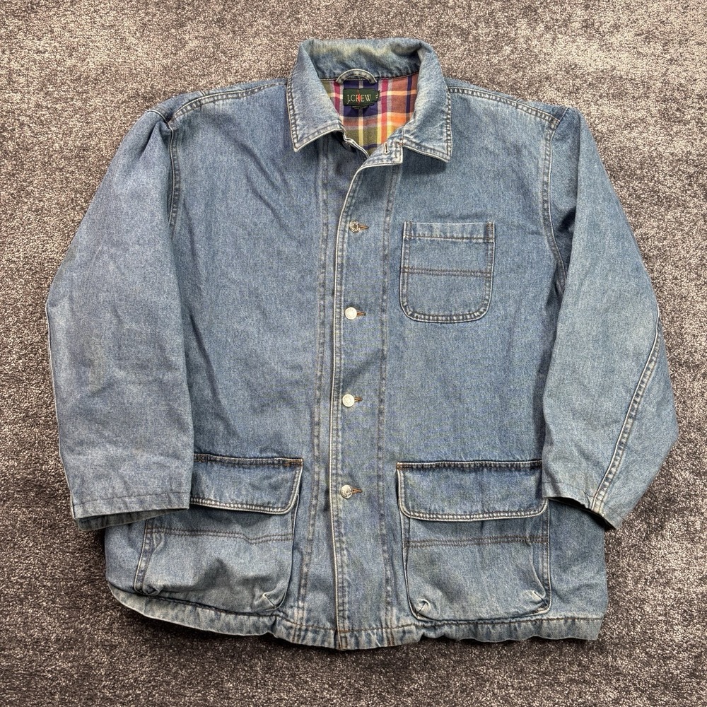Vintage 90s J. Crew Chore Coat Jacket Mens XL Blue Denim Flannel Lined Oarsman